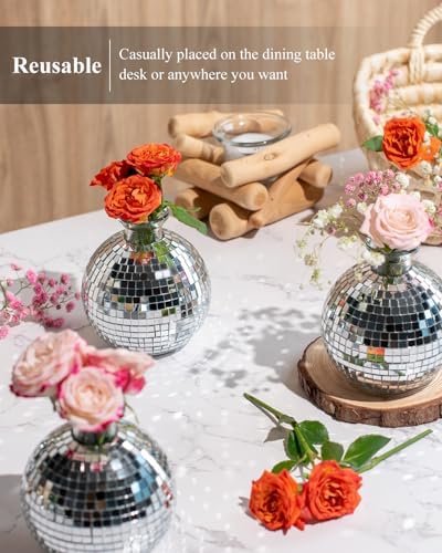 Disco Ball Vase for Centerpieces Disco Ball Planter for Flowers Silver Mirror Glass Disco Ball Decor for Table, Party, Wedding, Birthday, Home, or Bedroom(3.5" X 4") - Image 5