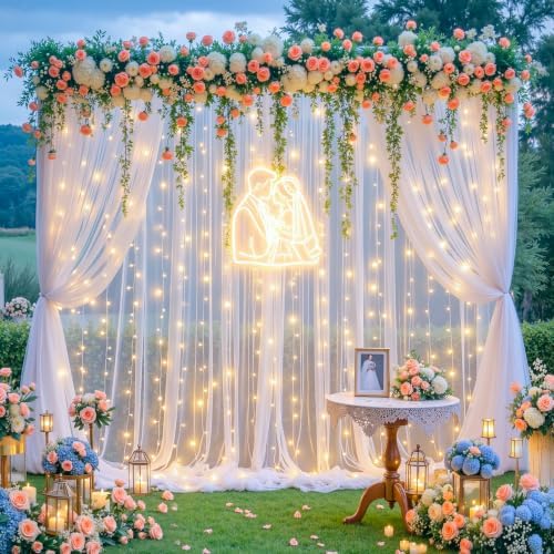 20ft x 12ft White Tulle Backdrop Curtain with Lights String for Parties Wedding Bridal Shower Sheer White Curtain Backdrop for Birthday Party Baby Shower Photo Booth Decorations by Suppromo