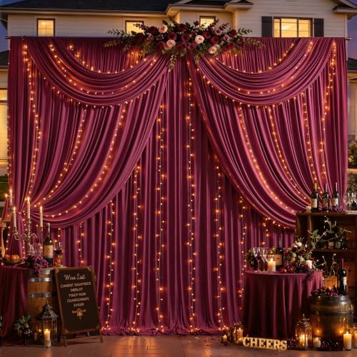 Burgundy Backdrop Curtains with Lights for Parties,10x10FT Wrinkle Free Wedding Photo Backdrop Curatin Drapes Fabric for Baby Shower Birthday Ceremony Reception Home Party Decorations - Image 3