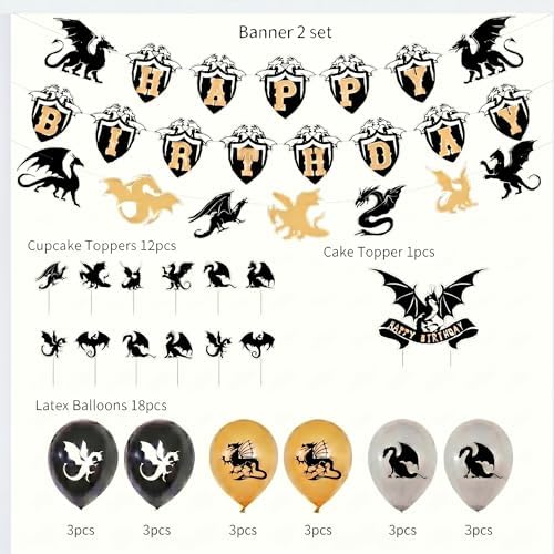 Dragon Birthday Party Decoration, Cool Banner Cupcake Toppers and Balloons for Dragon Themed Party, Black Gold Birthday Supplies for Boys - Image 2