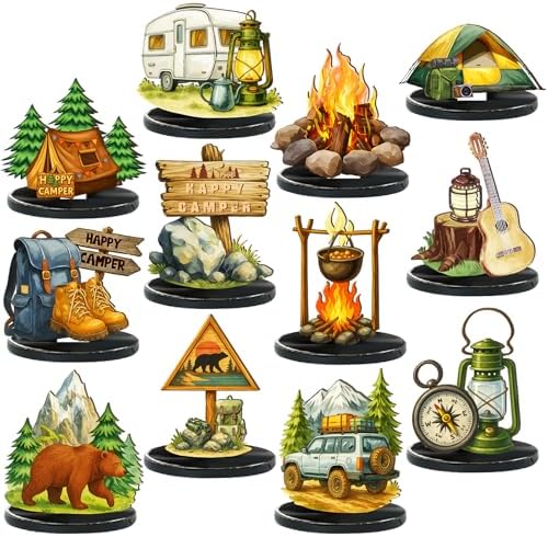 Wesiti 12 Pcs Camping Party Table Decorations Wooden Camper Centerpieces Camping Adventure Sign with Bases Table Topper Decor for Adults Tiered Tray Decor Party Favor by Wesiti