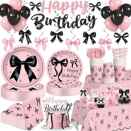 213pcs Pink and Black Bow Birthday Decorations, Serves 25 by Yingoto