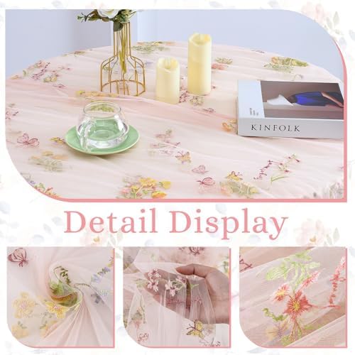 BINBE 1pcs Pink Florals Table Runner Embroidery Gauze 10FT Daisy Seasonal Tulle Birthday Wedding Holiday Kitchen Dining Table Decor for Home Party - Image 3