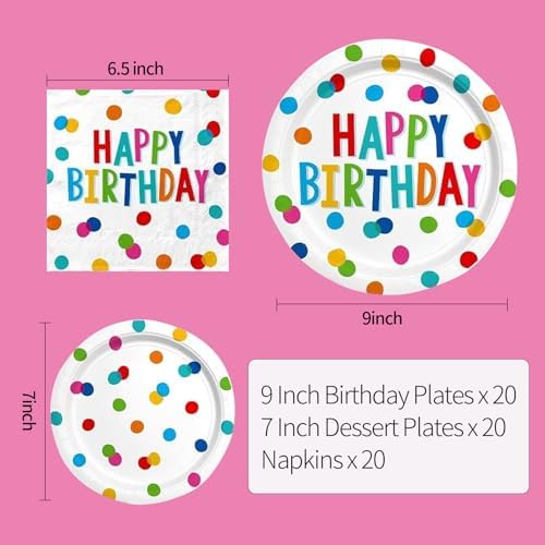 60PCS Happy Birthday Paper Plates and Napkins, Rainbow Dot, Kids - Image 6