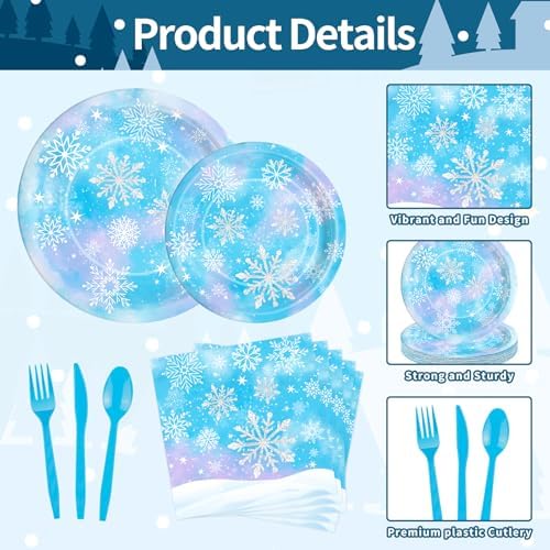 175 Pcs Snowflake Winter Wonderland Tableware Set - Serves 25, Snowflake-Themed Disposable Plates, Cups, Napkins, Forks, Spoons, Knives for Christmas, Winter Party Supplies, Holiday Gatherings - Image 3