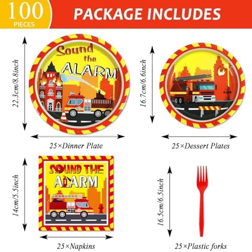 100 Pcs Firetruck Birthday Party Decorations Fireman Plates and Napkins for Firefighter Party Supplies Fire Truck Birthday Theme Disposable Dinnerware Set for Kids Fireman Party Favors Serve 25 - Image 2