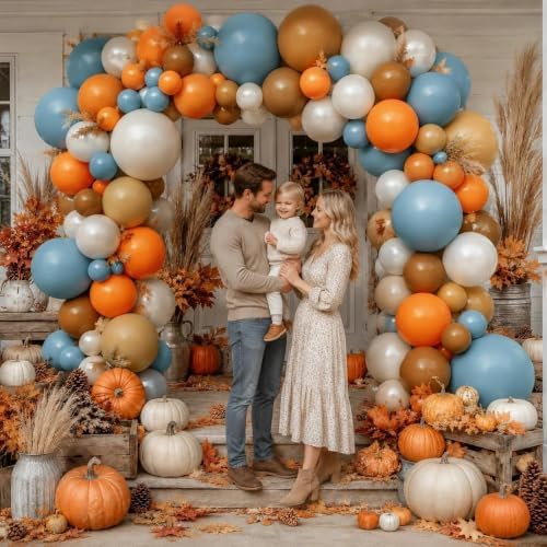 Blue Orange Balloon Garland Double Stuffed Fall Thanksgiving Balloon Arch Dusty Blue Brown Pearl White Sand Balloons for Birthday Baby Shower Bridal Wedding Gender Reveal Autumn Party Decorations - Image 2