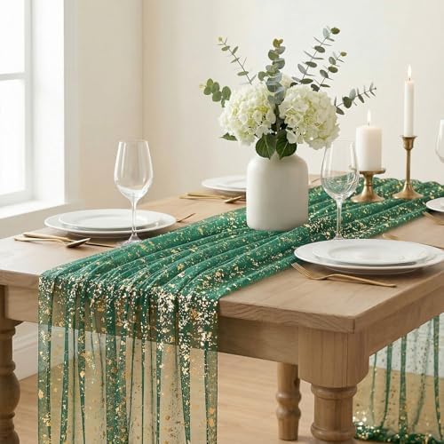 Artoid Mode Green Gold Gauze Table Runner 59x120 Inch 10FT, Glitter Metallic Foil Sheer Dining Wedding Anniversary Holiday Table Decor for Home Party - Image 2