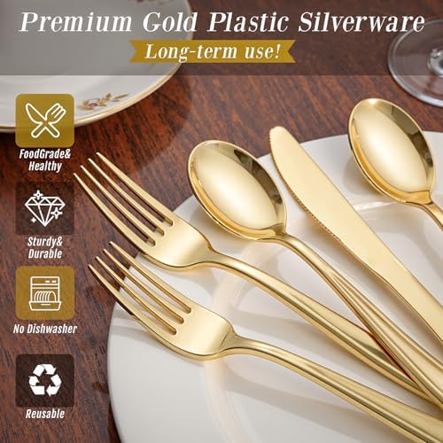 WDF300 Pieces Gold Plastic Silverware - Heavy Duty Disposable Cutlery Set Plastic Gold Silverware Set Includes 100 Forks, 100 Spoons, 100 Knives for Party/Baby Shower/Wedding/Birthday/Thanksgiving - Image 6