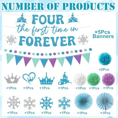 Four the First Time in Forever Birthday Decoration, 20PCS Frozen 4th Banners with Hanging Swirls Party Decorations, Princess 4 Years Old Paper Fans Poms and Pennant Banners Decor Supplies - Image 3