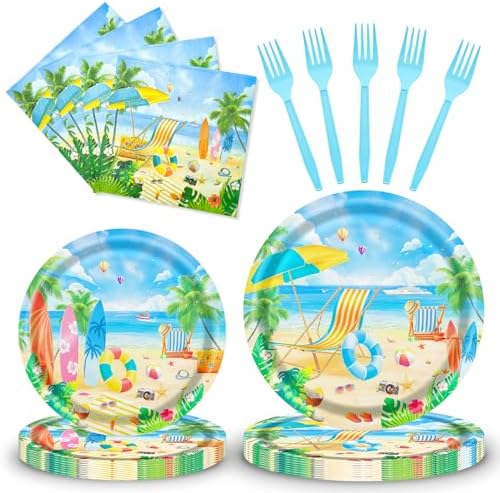 96 Pieces Summer Beach Plates and Napkins Set, Tropical Disposable Tableware with Paper Plates Napkins and Forks for Pool Party Luau Birthday Picnic, Serves 24 by GistomeHome