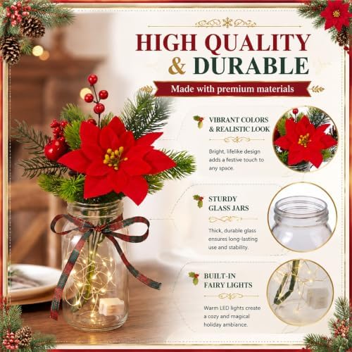 4 Sets Christmas Mason Jar Centerpiece with LED Lights - Image 3