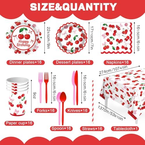 Cherry Birthday Decorations 164 Pcs Tableware Set - Image 2