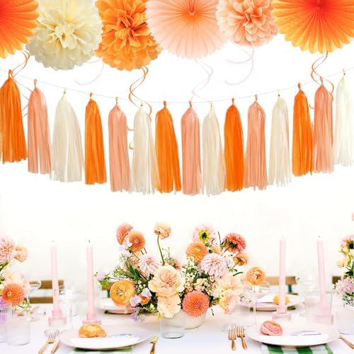 Orange-Peach Beige First Happy-Birthday Party-Decorations - 31pcs 20th Women Girls Bohemian Groovy Paper Lanterns Streamers Banner,Tissue Pom Poms Decor,Fall Boho Fans Tassels Graland Backdrop Hugmoon - Image 5