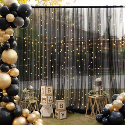 10ft x 8ft Black Backdrop Curtain with Lights String for Parties, Sheer Tulle Wedding Photo Backdrops Drapes for Baby Shower Birthday Party Decorations Background for Photography - Image 2