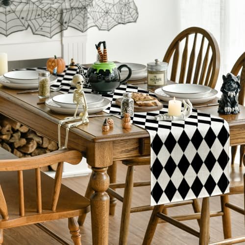 Artoid Mode Black Beige Diamond Plaid Table Runner, Seasonal Halloween Party Kitchen Dining Table Decoration for Home Party Decor 13x72 Inch - Image 4