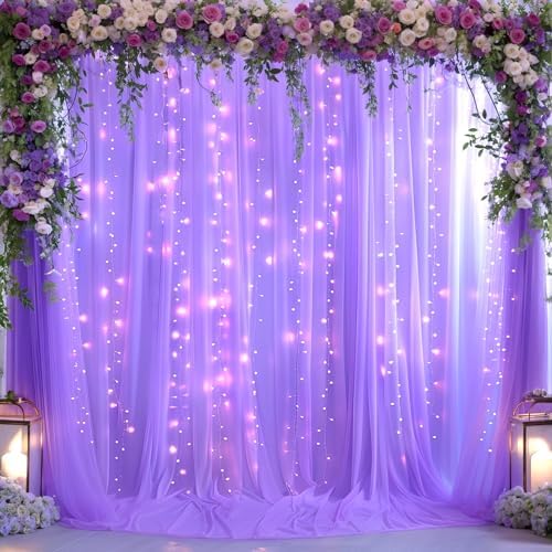 Purple Sheer Backdrop Curtains with Lights String for Baby Shower Girls 2 Panels 5×8ft Tulle Backdrop Curtain for Wedding Bridal Shower Elephant Birthday Party Photo Shoot Background Decorations - Image 3