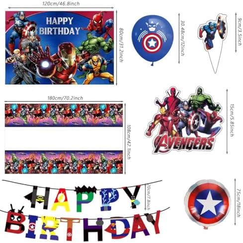 46Pcs superhero Birthday Party Supplies, Avengers Party Decorations Set Include Banner, Backdrop, Balloons, Hanging Swirls, Cake Cupcake Toppers, Tablecloth for Boys Girls Avengers Theme Party - Image 3