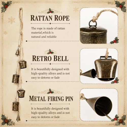 Shimeyao Set of 6 Vintage Rustic Bells Decor Antique Gold Iron Jingle Bells Cluster Christmas Wall Hanging Mix Decoration for Farmhouse Front Door Xmas Tree Weddings Parties 23 Inch - Image 3