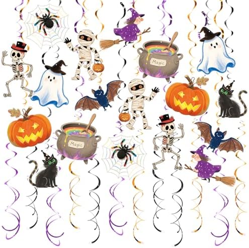 Halloween Hanging Party Decorations, 48 Pcs,Ceiling Decor Indoor Swirl Witches Cauldron Ghost Pumpkin Skull Cat Witch Party Supplies Sign,Black Purple Orange by AimtoHome