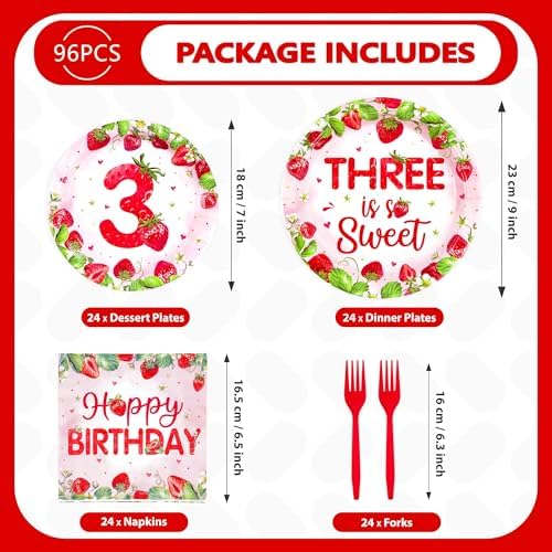 Grencian 96Pcs Strawberry 3rd Birthday Party Supplies Serves 24 - Image 5