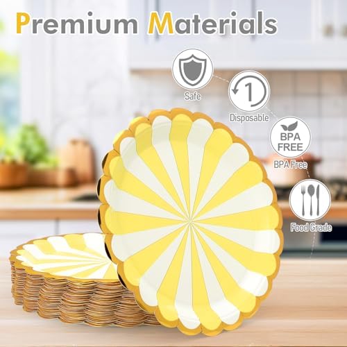 50 Pcs Yellow Party Paper Plates with Gold Scalloped Edge, Yellow Disposable 9 inch Scalloped Paper Dessert Plates Party Supplies for Birthday Bridal Shower Picnic, Striped - Image 4