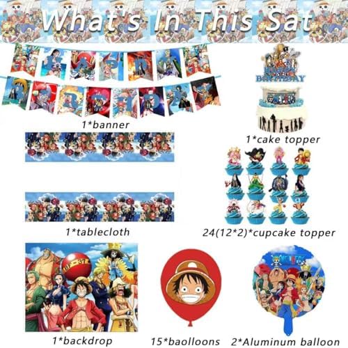 45Pcs For One Piece Birthday Party Supplies: 1 Banner, 1 Tablecloth, 1 Backdrop, 1 Cake Topper, 24 Cupcake Toppers, 15 Balloons, 2 Aluminum Balloons for Kids Boys Theme Party Decorations - Image 2