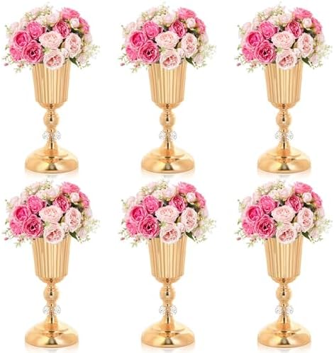 11.6 inches Metal Wedding Flower Trumpet Stripe Vases Table Centerpieces for Artificial Flower Arrangements for Anniversary Celebration/Wedding/Party/Birthday Event Aisle Home Decor (Gold, 6pcs) by KOLNLALA