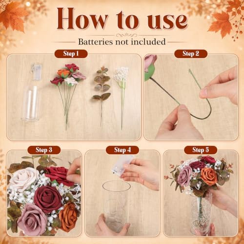 Domensi Set of 6 LED Lighted Floral Table Centerpieces, Faux Roses, Eucalyptus & Baby's Breath in Acrylic Vase, Glowing Rustic Wedding Decor for Bridal Shower & Dining Table (5 Colors) - Image 4