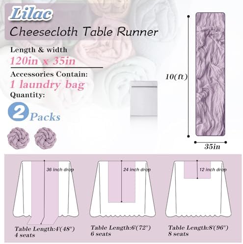 Lilac Cheesecloth Table Runner 2 Pack 35" Boho Gauze 120 inches Long Runner Rustic Sheer Fabric Bulk for Baby Shower Wedding Bridal Birthday Party Picnic Table Decorations - Image 2