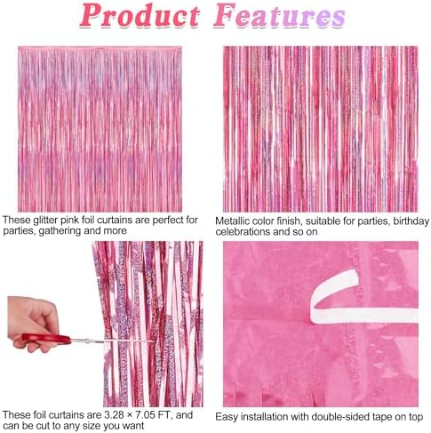 2 Pack Glitter Pink Backdrop, 3.28 FT x 7.05 FT Birthday Party Decorations, Laser Pink Fringe Curtains Foil Streamer Tinsel, Pink Curtains Photo Backdrop Happy Birthday Valentines Day Backdrop - Image 4