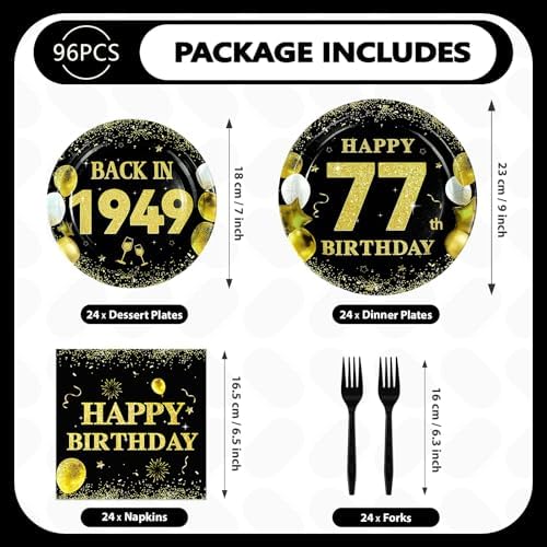 96Pcs Black Gold 77th Birthday Decorations for Men, Serves 24 - Image 5