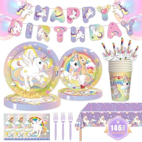 146Pcs Unicorn Plates and Napkins Party Supplies Includes Plates, Napkin, Fork, Cup, Straw, Tablecloth, Banner for Unicorn Baby Shower Birthday Party Decorations, Serves 24 by MIAOSHOUTAO