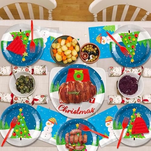 GaofanWai 96PCS Christmas Cartoon Red Dog House Tableware, Merry Christmas Paper Plate Set for Kid, Winter Snowy Pine Tree Disposable Dinnerware Paper Napkin Fork for Baby Shower Party Decor,24 Guests - Image 6