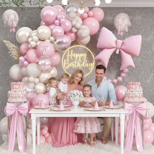 Double Stuffed Pearl White and Pink Balloon Arch Garland Kit, Pearl White Beige with Pink Bow Foil Balloons for Girls Women Wedding Bridal Baby Shower Bachelorette Coquette Birthday Party Decorations - Image 4