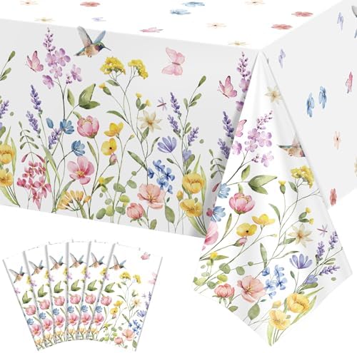 6 Pack Wildflower Plastic Tablecloths, Disposable Tea Party Table Cloth by NatNarr