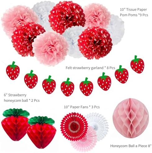 ANSOMO Strawberry Party Decorations Red Pink White Tissue Pom Poms Fans Honeycom Balls Lanterns Garland Classroom Berry Sweet Fruits 1st One Birthday Bridal Baby Shower Décor Supplies Girls - Image 3