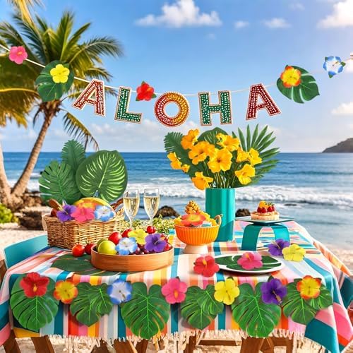 142Pcs Luau Party Decorations Fake Plant Palm Leave Monstera With Stems - Image 3