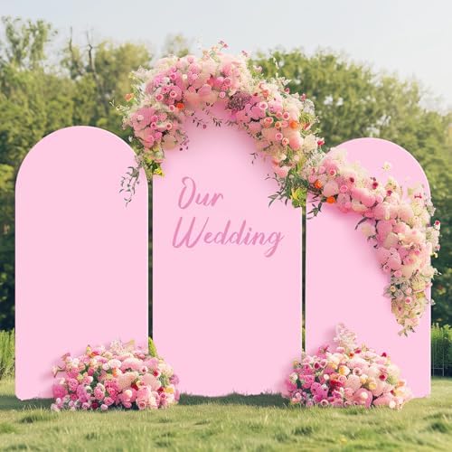 Baby Pink Spandex Arch Backdrop Cover Set of 3 (7.2FT,6FT,6FT), 2-Sided Round Top Chiara Fitted Wedding Arch Cover Backdrop for Wedding Girls Birthday Party Arch Stand Decoration - Image 3