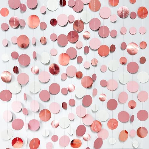 Rose Gold Party Decorations Dusty Pink Circle Dots Garland Blush Pink Hanging Paper Polka Dot Streamer for Birthday Wedding Bridal Shower Bachelorette Engagement Anniversary Party Supplies - Image 3