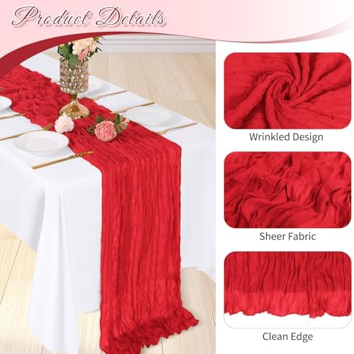 3 Pack Red Cheesecloth Table Runner, 17 x 108 inch, Semi Sheer Boho Cheese Cloth Fabric Table Runner Bulk for Wedding, Birthday, Party, Holiday, Home Decor (Red) - Image 4