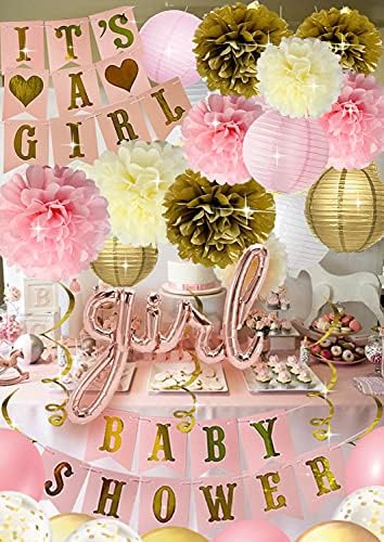 Pink and Gold Baby Shower Decorations for Girl – 35 Pcs Princess Kit with It's a Girl Banner, Mom to Be Sash, Tissue Paper Pom Poms, Paper Lanterns, Bunting Garland – Baby Girl Party Supplies by PGNART