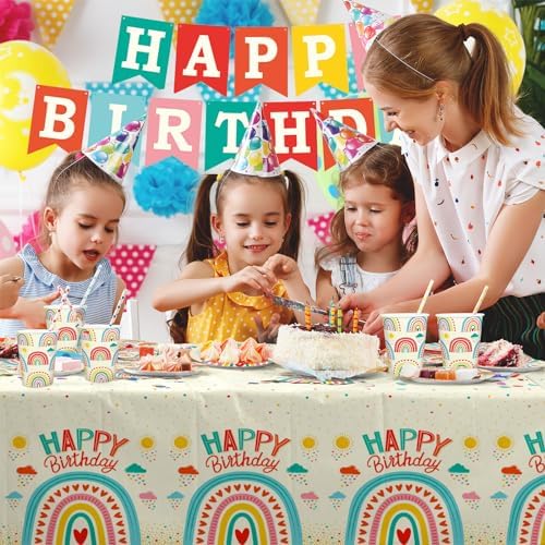 Retro Rainbow Themed Happy Birthday Party Supplies Set - Vibrant Disposable Paper Plates, Cups, Napkins, Tablecloth & Birthday Banner - Fun & Colorful Design for Boys/Girls - For 25 Guests - Image 5