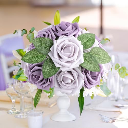 AmyHomie Pale Lavender Rose 25pcs Real Looking Artificial Flowers w/Stem - Image 4