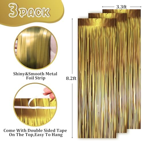 Voircoloria Dark Gold Foil Fringe Backdrop Curtains,3.3x8.2ft, 3 Pack - Image 2