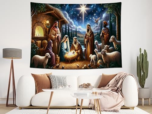 9x6ft Nativity Backdrop Bethlehem Star Holy Family Shepherds Sheep Background for Merry Christmas Religious Celebration Winter Holiday Church Event Baby Shower Decor Booth Prop Wallpaper - Image 4