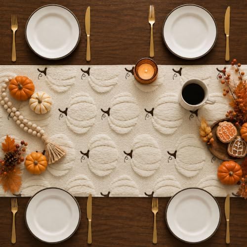 Fall Table Runner 13x72 Inch Soft Plush Faux Fur Jacquard Beige Pumpkin Table Runner, Seasonal Autumn Kitchen Dining Table Decoration for Home Party Decor ZR010A72 - Image 3