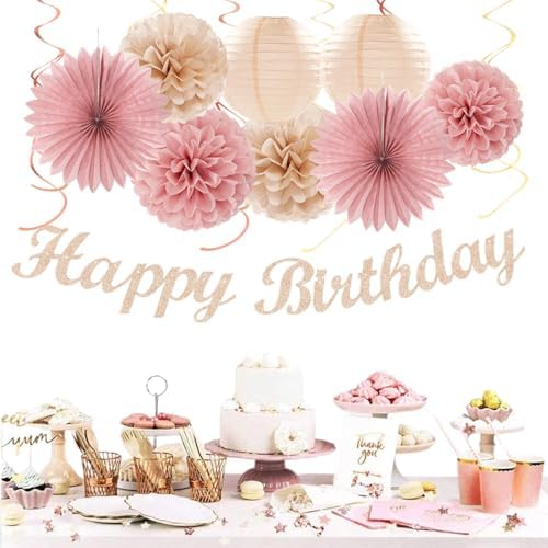 Blush-Pink Champagne Beige Happy-Birthday Party-Decorations - 31pcs 15th Women Girls Paper Lanterns Streamers Banner,Rose Gold Tissue Flowers Pom Poms Fans Tassels Graland Decor Supplies Hugmoon - Image 2