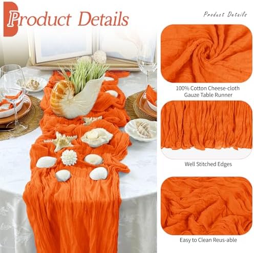 3 Pack Orange Cheesecloth Table Runner 17x108 Inch Semi Sheer Boho Gauze Cheese Cloth Fabric Table Runners Table Decor for Wedding Party Baby Shower Birthday Home Decor Garden Farmhouse - Image 5