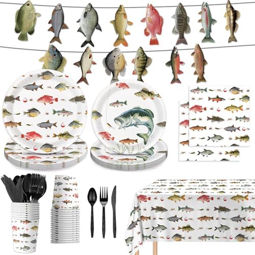 170PCS Fishing Birthday Party Decorations Gone Fishing Party Decorations Include Plates, Cups, Cutlery, Banner, Tablecloth for Ofishally One Birthday Decorations by LINHAXM